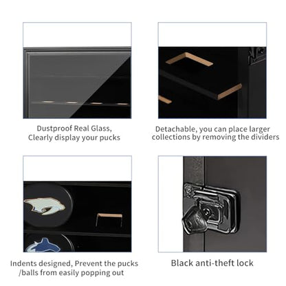 20 Hockey Puck Display Case - Puck Holder Wall Mount Cabinet Stand - Hockey Puck Shadow Box with Glass, Large Black - size: Large-Black