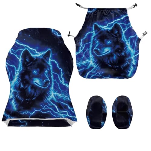 Blue Lightning Wolf Gaming Chair Cover with Armrest Covers Anti Cat Scratch Furniture Protector Universal Stretchable Fit High Back Spandex Rotating Boss Chair Slipcovers, 4Pc/Set - color: Blue Lightning Wolf