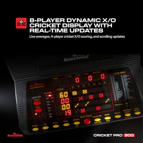 Arachnid Cricket Pro 900 Electronic Dartboard – 15.5” Regulation Size, 48 Games with 354 Variations, 8‑Player LED Scoring, Cricket X/O Display, NylonTough™ Segments
