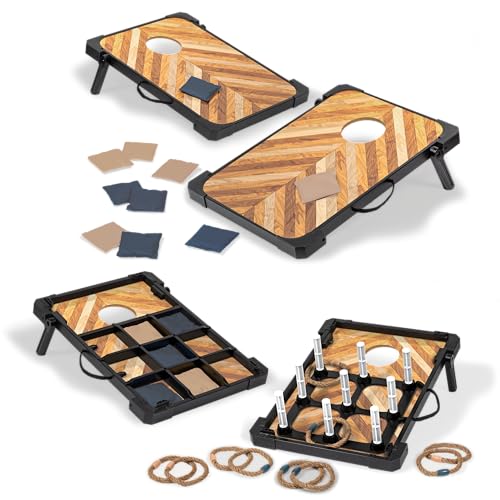 EastPoint 3-in-1 Bean Bag Toss Game Set - 2-Pack 23.5" x 17", Rustic Wood, Portable Carry Handles for Bag Toss - Versatile 3-in-1 Cornhole Sets & Ring Throw, Quick-Setup Flip-Out Legs for Outdoor Game