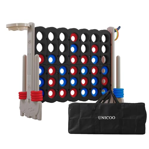 UNICOO Giant 4-in-a-Row Game with Carry Bag, 3-in-1 Jumbo 4-to-Score Outdoor Yard Game with Basketball Hoop, Ring Toss, Quick-Release Slider, 42 Rings, Family Party Game for Kids & Adults - color: Black & Grey
