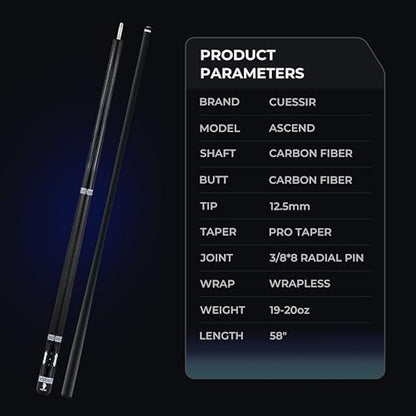 Carbon Fiber Pool Cue Stick with Case, 2pieces 58inch Low Deflection Professional Cue Stick for Billiards, Pro Taper Carbon Fibre Shaft with 12.5mm Tip (19oz-20oz)