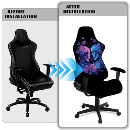 Skeleton Print Computer & Gaming Chair Slipcover Rose Butterfly Print Game Chair Cover with Armrest Covers Easy to Install Universal Fit Office Desk & Racing Computer Gamer Chairs - color: Black - Skeleton Rose Butterfly