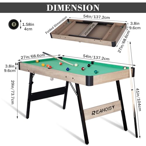 Folding Pool Table, Portable Billiard Game Tables for Kids and Adults, Mini Pool Table with Locking Legs, Adjustable Feet, Balls, Cues, Triangle, Chalk, Brush - color: 54-inch/Green