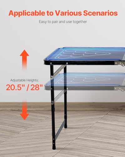 VEVOR 8 Foot Portable Beer Pong Table, LED Lights, Foldable Tailgate Desk with Carrying Handles and 6 Pong Balls, Adjustable Height, Lightweight, for Office, Tailgate Party, Travel & Camping