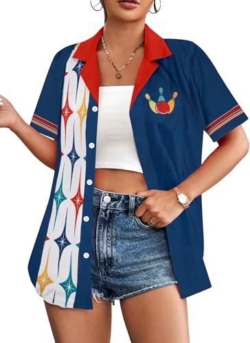 Bowling Shirts Women Hawaiian Bowling Shirt Bowling Lover Gift Tops Bowler Button Down Short Sleeve Tee - color: Blue, size: XX-Large