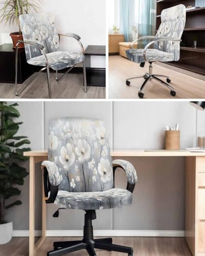 Retro White Camellia Office Chair Cover with Armrest Covers, Spring Farm Oil Painting Universal Stretch Desk Rotating Chair Slipcovers, Removable Seat Protector with Zipper, S - color: White Light Gray Light Blue Mist Blue, size: Small & 2PCS Armrest Cove