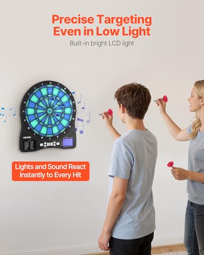 VEVOR Electronic Dart Board, LED-Illuminated Target Dartboard with 48 Games & 500+ Variations, Includes 6 Dart Shafts with Flights & 50 Soft Tips, Cricket Scoring LCD Screen - Supports Up to 8 Players