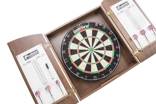 Unicorn Oxford Dartboard Cabinet Set - Official Size Bristle Board - Rotatable Metal Number Ring - Self-Healing Sisal Board - Round Metal Divider Wires - Black Laminate Cabinet with Wall Protection