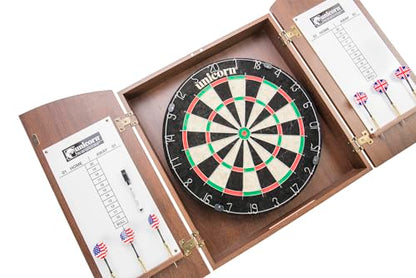 Unicorn Oxford Dartboard Cabinet Set - Official Size Bristle Board - Rotatable Metal Number Ring - Self-Healing Sisal Board - Round Metal Divider Wires - Black Laminate Cabinet with Wall Protection