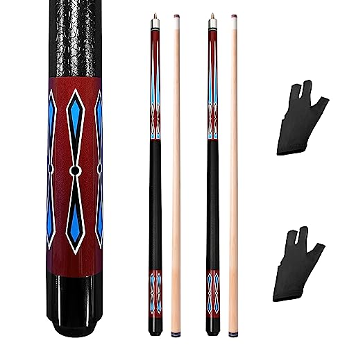 Set of 2 Pool Cue Stick,58" 2 Piece Maple Billiard Cue Stick - color: Red