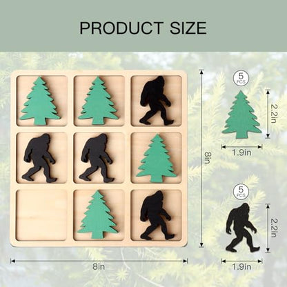 Wooden Tic Tac Toe Game, 10 Wood Pieces with Pine Tree & Bigfoot Motifs, Portable Tabletop Game for Camping, Adult Party Games, Family Game Night,Travel Games (Bigfoot)
