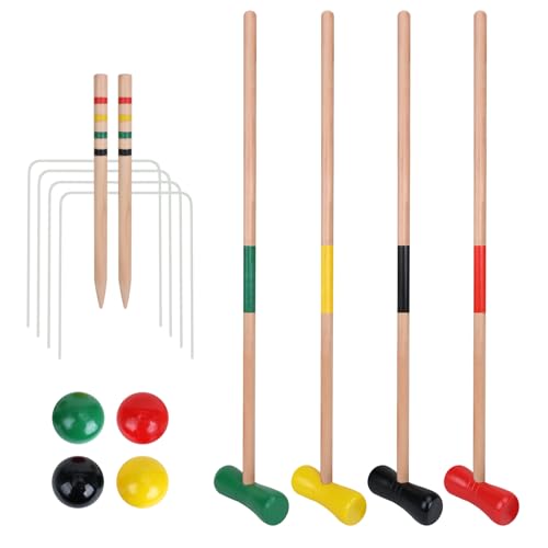 GOTHINK 4 Players Croquet Set with Wooden Balls for Adults & &Kids - Summer Outdoor Games for School Field Day Lawn Backyard Activity - 30Inch Wooden Mallets,Colored Ball, Wickets, Stakes