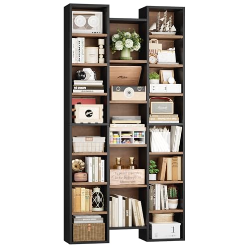 FOTOSOK 71'' Tall Bookshelf with 21 Cubes, 8 Tier Triple Wide Bookshelf with 8 Adjustable Shelves, 35" Large Bookcase DVD/CD Media Tower Storage, Freestanding Display Shelf Cabinet, Black/Brown - color: Black/Brown