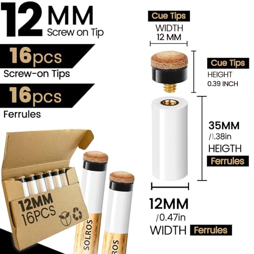 [2 Packs] Billiard Pool Cue Tips -16PCS 12MM Screw in cue Tips with Ferrules and 12mm Brown Leather Screw On Replacement Repair Kit with Storage Box