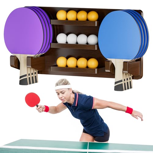 Ping Pong Paddle Holder for 8 Paddles and 12 Ball Storage, Wooden Table Tennis Racket Display Wall Mount Storage Rack, Ping Pong Accessories Organizer in Game Room,Man,Cave,Office,Home, Brown - color: Wall/Brown