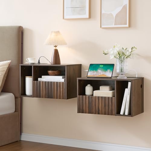 BuildHom Floating Nightstand with Charging Station, Walnut Fluted Wall Mounted NightStand with Drawers, Bedside with USB Ports and Outlets, Bedroom Furniture (Set of 2) - color: Walnut, size: Set of 2
