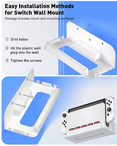 Wall Mount for Nintendo Switch 1 and Switch OLED, Metal Wall Mount Shelf Kit with 5 Game Card Holders and 4 Joy Con Hooks, Safely Store Switch Console Near or Behind TV, White - color: White