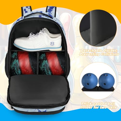 Goloni 2 Ball Bowling Backpack,Bowling Ball Bag with Shoe Compartment & Portective Foam Padded, Fits Shoes Up to US Size 16 - color: Blue Tie Dye