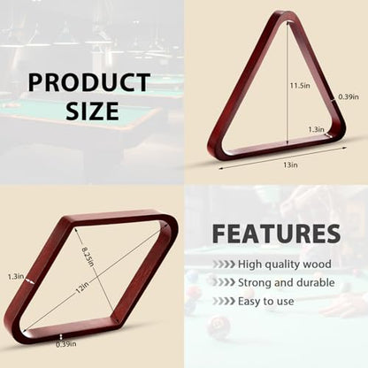 22 Pcs Pool Table Brush Set Wooden Billiard Rack 8 or 9 Ball Triangle Diamond for 2-1/4" Pool Ball with Polish Cloth Sticky Lint Roller Cue Chalk Cube Accessories - color: Wine Red