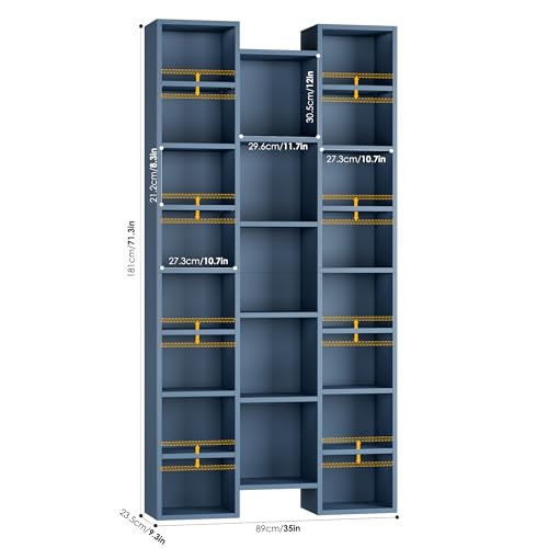FOTOSOK 71'' Tall Bookshelf with 21 Cubes, 8 Tier Triple Wide Bookshelf with 8 Adjustable Shelves, 35" Large Bookcase DVD/CD Media Tower Storage, Freestanding Display Shelf Cabinet, Blue - color: Blue