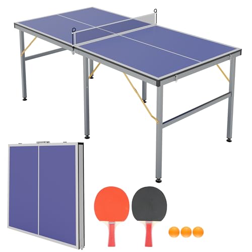 6x3ft Mid-Size Professional Portable Folding Ping Pong Table - Indoor/Outdoor Table Tennis Game Set with Net, 2 Paddles & 4 Balls for Adults and Teens- Quick Assembly - color: Blue