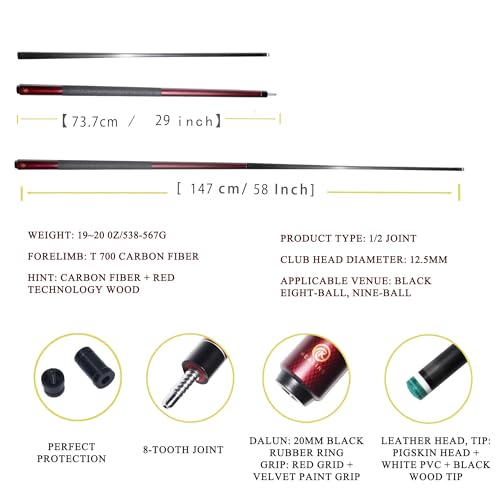 EAGLEKING Carbon Fiber Pool Cue 58" Professional - 12.5mm Low-Deflection Tip with Leather Grip - Enhanced Accuracy for Billiards & Home Entertainment