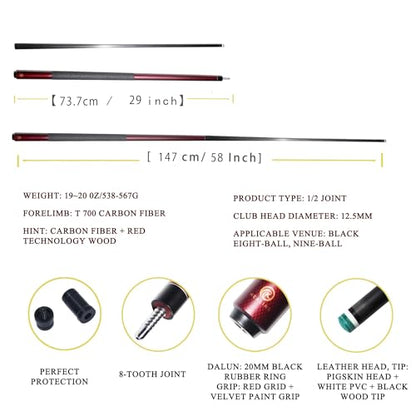 EAGLEKING Carbon Fiber Pool Cue 58" Professional - 12.5mm Low-Deflection Tip with Leather Grip - Enhanced Accuracy for Billiards & Home Entertainment