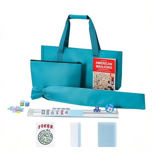 American Mahjong Game Set, 166 Blue Tiles, Blue Bag and Accessories, 4 All-in-One Transparent Rack/Pushers, Mahjong Tile Set - color: Blue
