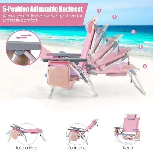 Tangkula Backpack Beach Chair with Table, 5-Position Lay Flat Chairs with Cooler Bag, 2 Cup Holders, Towel Bar, Lightweight Low Folding Chair with Backpack Straps, Pink - color: Pink, style: 2 Pack with Table