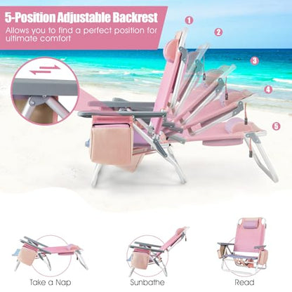 Tangkula Backpack Beach Chair with Table, 5-Position Lay Flat Chairs with Cooler Bag, 2 Cup Holders, Towel Bar, Lightweight Low Folding Chair with Backpack Straps, Pink - color: Pink, style: 2 Pack with Table