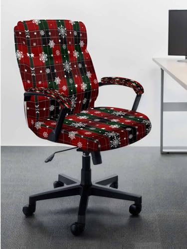 Christmas Red Green Classic Buffalo Plaid Snowflake Pattern Office Chair Cover with Armrest Covers, Universal Stretch Desk Rotating Chair Slipcovers, Removable Seat Protector with Zipper, L - color: Dark Red, size: Large & 2PCS Armrest Covers