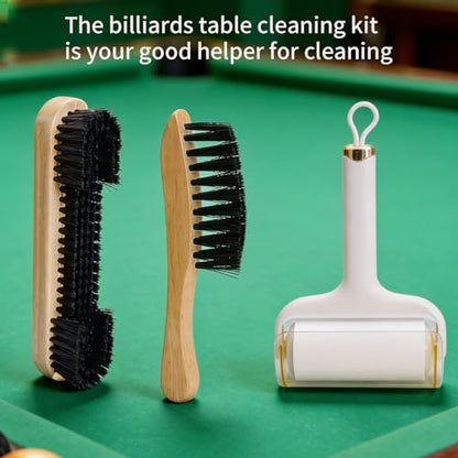 Billiard Pool Table Brush Cleaning Kit, Pool Table Brush Accessories 3 Set. | Includes 9-In Nylon Bristle Brush, Rail Brush, Sticky Lint Roller. Soft Bristles, Wood Handle, Billiards&Snooker Accessories