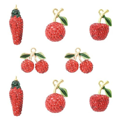 Stiesy Polymer Clay Rhinestone Fruit Charms 8Pcs, 4 Styles Golden Tone Red Crystal Beads Charms, 3D Cherry Apple Chili Pepper Pendants for Jewelry Making, DIY Bracelet Necklace Crafts - color: Red Fruit-4 Styles-8pcs