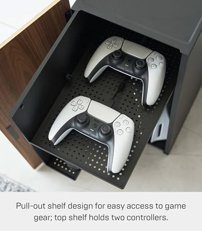 Yamazaki Home Tower Large Capacity Game Console Rack – Organize Controllers, Pull-Out Shelf, Cable Management - Steel - color: Black
