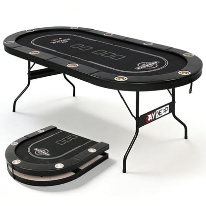 RAYKEEP 84" Poker Table for 10 Players, Foldable Texas Holdem Table with Padded Rails & 10 Cup Holders, Portable Casino Board Game Table for Game Room, Blackjack, Party (Black) - color: 84“