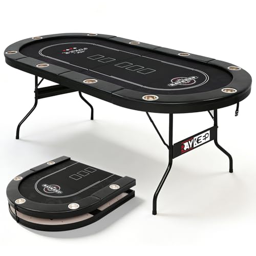 RAYKEEP 84" Poker Table for 10 Players, Foldable Texas Holdem Table with Padded Rails & 10 Cup Holders, Portable Casino Board Game Table for Game Room, Blackjack, Party (Black) - color: 84“