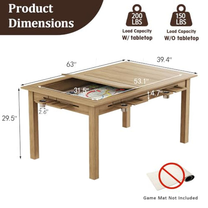 Board Game Table with Removable Top, 63" Dining/Gaming Table for 4-6 Players with 53in x 31.5in Play Area, Includes 6 Cup Holders & Trays, Natural Wood (Game Mat Not Included) - color: Natural Wood