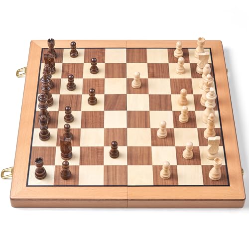 AMEROUS Magnetic Wooden Chess Set, 15 Inches Handmade Wooden Folding Travel Chess Board Game Sets with Chessmen Storage Slots for Kids and Adults, 2 Bonus Extra Queens, Gift Box Packed