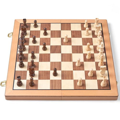 AMEROUS Magnetic Wooden Chess Set, 15 Inches Handmade Wooden Folding Travel Chess Board Game Sets with Chessmen Storage Slots for Kids and Adults, 2 Bonus Extra Queens, Gift Box Packed