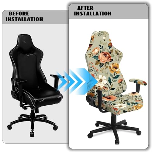 Peony Print Game Chair Cover with Armrest Covers Dust-Proof Skin Friendly Office Chair Covers Slipcovers Machine Washable - color: Green - Peony