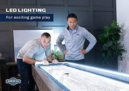 American Legend Kirkwood 9’ Shuffleboard Table with LED Rails, Bowling Game Set, Rustic Wood Finish & Accessories Included