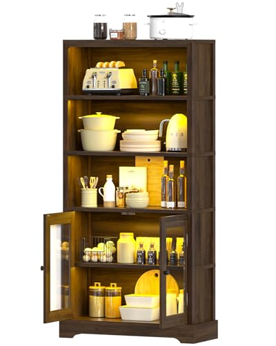 TVU 5-Tier Bookshelf, 65" Bookshelf with Multi-Color Ambient Lights (APP Remote Control), Tall Display Shelf with Cabinet Doors, Suitable for Living Room, Bedroom, Study, Office, Rustic Brown - color: Rustic Brown