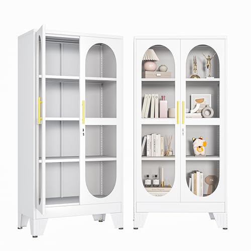 61" H Locking Display Cabinet with Glass Door, Tall Storage Cabinet with 3 Adjustable Shelves, Metal Curio Cabinet Multi-Purpose Display Case for Collectibles Living Room/Bedroom/Kitchen/Bar - color: White, size: 61''H