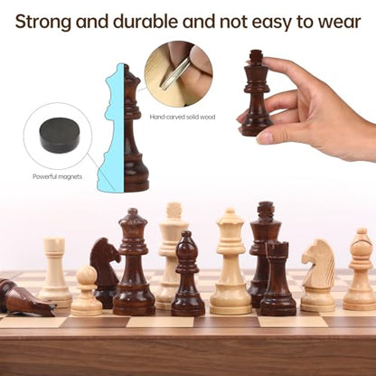 Ajedrez Magnetic Wooden Chess Set, 15" Walnut Folding Chess Board with Handcrafted Staunton Pieces 2 Extra Queens, Portable Travel Chess Board Game for Adults Kids, Gift Box & Storage Bag - color: Gray