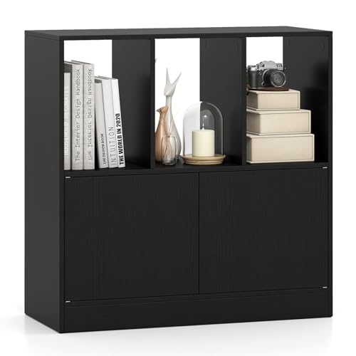 Giantex 3-Cube Bookcase with Doors, 3-Tier Cubic Bookshelf w/Open Compartments & Cabinet, Modern Display Shelf, Wooden Floor Freestanding Cubby Storage Organizer for Living Room, Study (1, Black) - color: Black