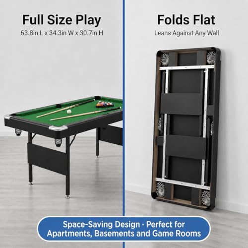 63.8 Inch Foldable Pool Table, No Assembly, Steel Folding Legs, 4-Point Leveling Feet, Complete Set — 16 Balls, Triangle, Chalk, Felt Brush - color: Green Felt+Black Frame