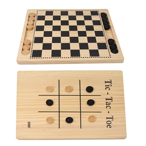 GSE Games & Sports Expert 2-in-1 Reversible Natural Wood Checkers and Tic-Tac-Toe Board Combo Set with Game Pieces, Family Game for Kids & Adults