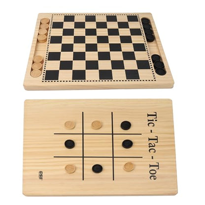 GSE Games & Sports Expert 2-in-1 Reversible Natural Wood Checkers and Tic-Tac-Toe Board Combo Set with Game Pieces, Family Game for Kids & Adults