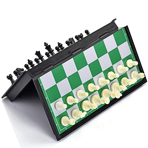 Magnetic Travel Chess Set with Folding Chess Board & 2 Extra Queens & Convenience Bag, Educational Toys for Kids and Adults (Green & White)